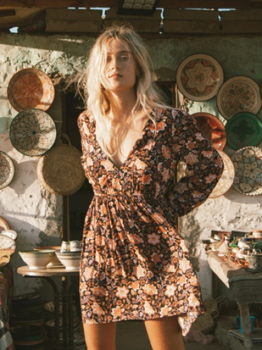 Billabong Sweetest Dreams Long Sleeve Floral V-Neck Babydoll Mini Dress Small